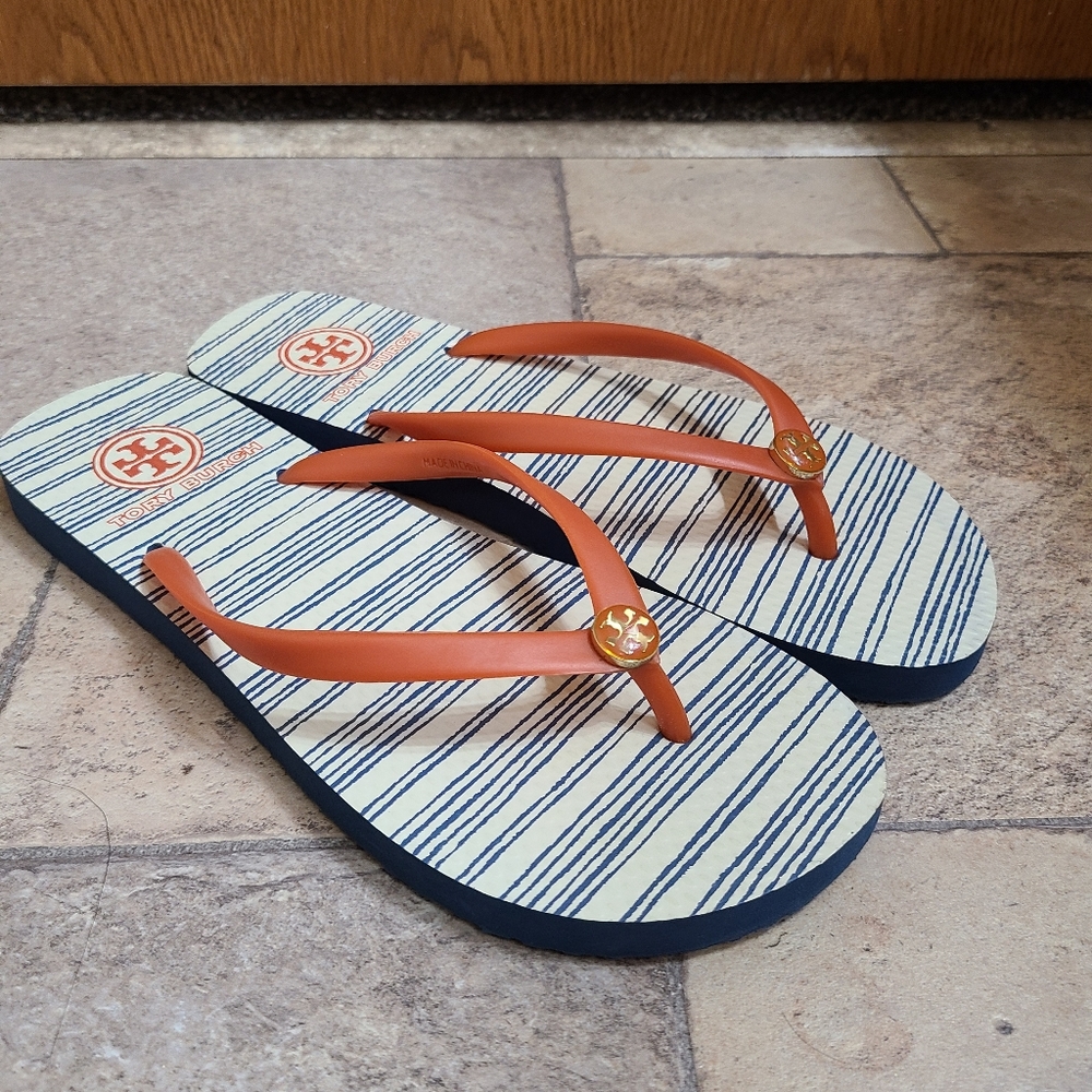 Tory Burch Thin Blue Orange Striped Flip Flops 7